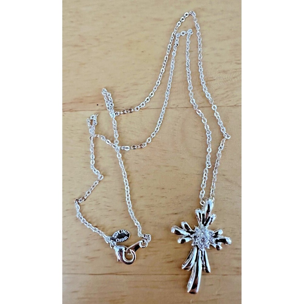 SSP LIND Cross Pendant Necklace Crystals Sterling Silver Chain‎  17" Religious